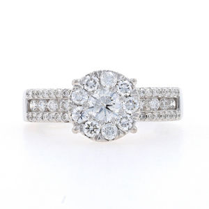 White Gold Diamond Cluster Halo Engagement Ring - 18k Round Brilliant 1.13ctw